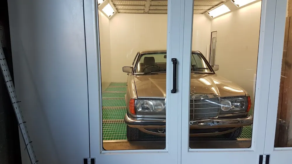 A classic Mercedes in the paint booth